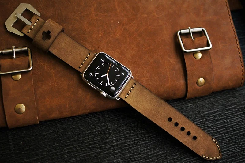 AWBF03-D48 GOLD handgefertigt Vintage Leder Uhrenarmband incl. Lugs Adapter für Apple Watch 1 und 2 (oder Apple Watch Sport) 42mm oder 38mm